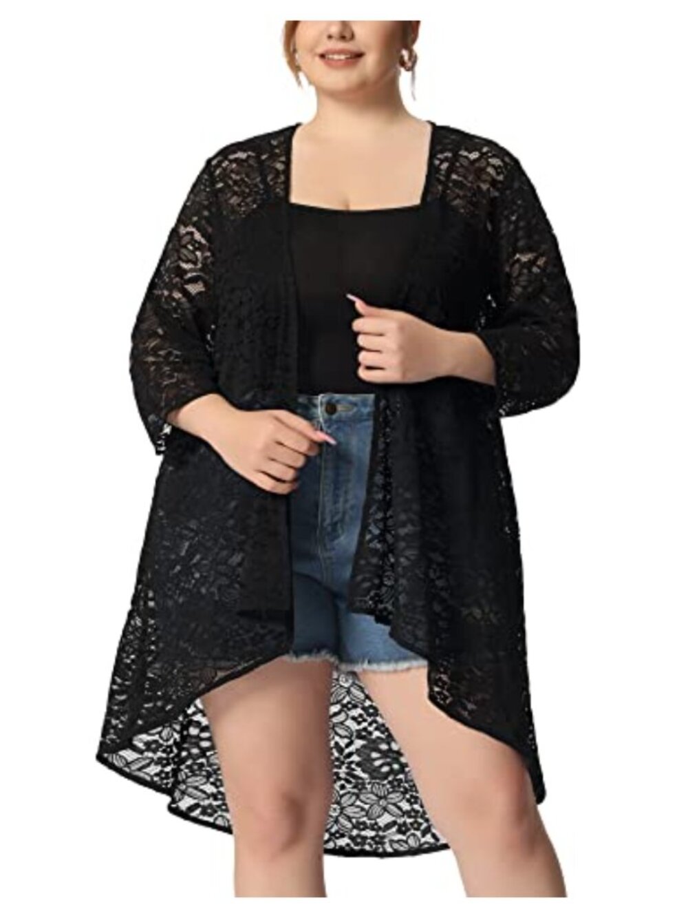Women's Plus Size Lace Crochet Cardigan 3/4 Sleeve High Low Hem